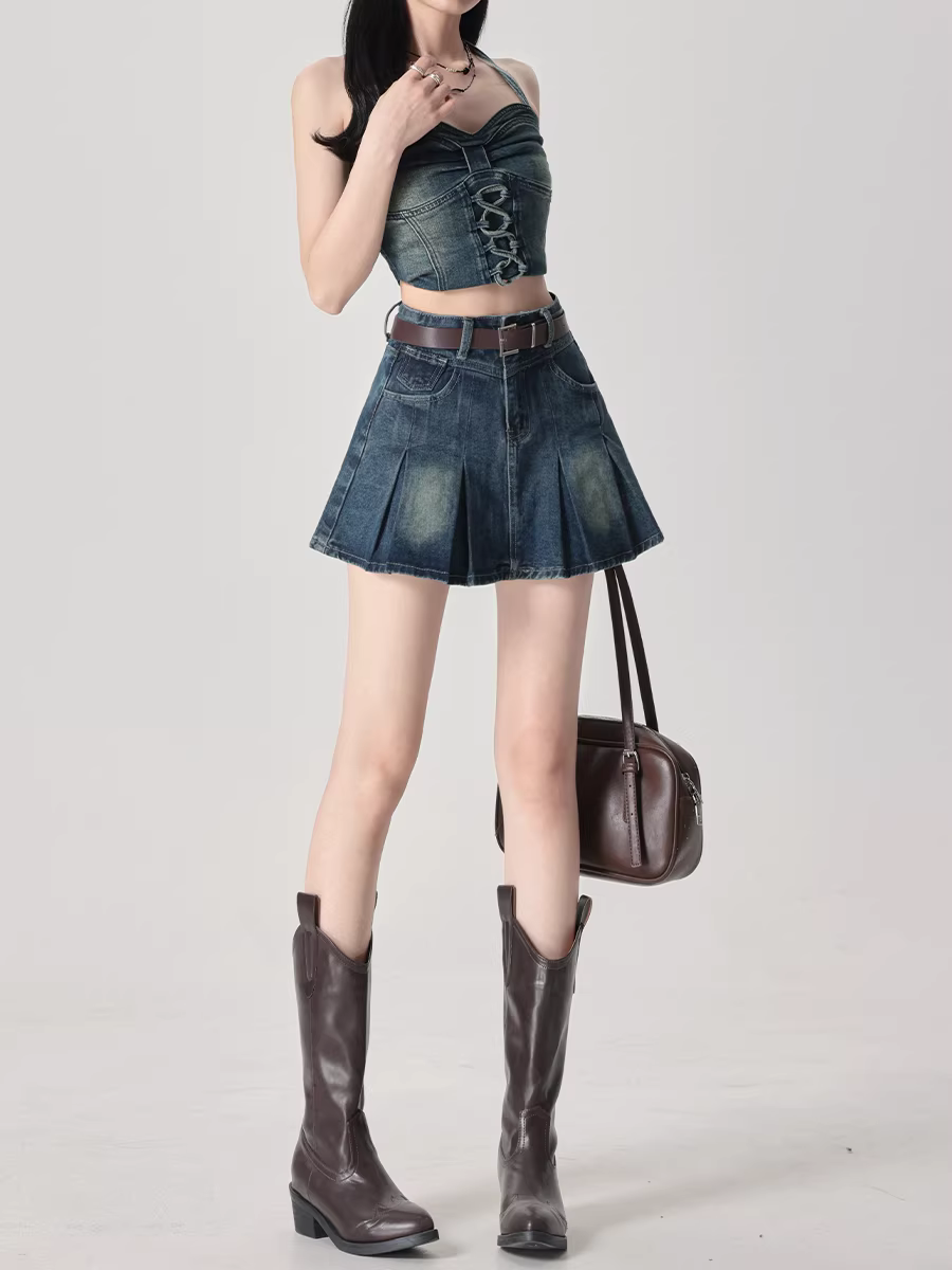 Chân váy denim nữ La Chapelle kiểu dáng xòe xếp ly ngắn, cạp cao, size nhỏ, mùa hè mới 2025