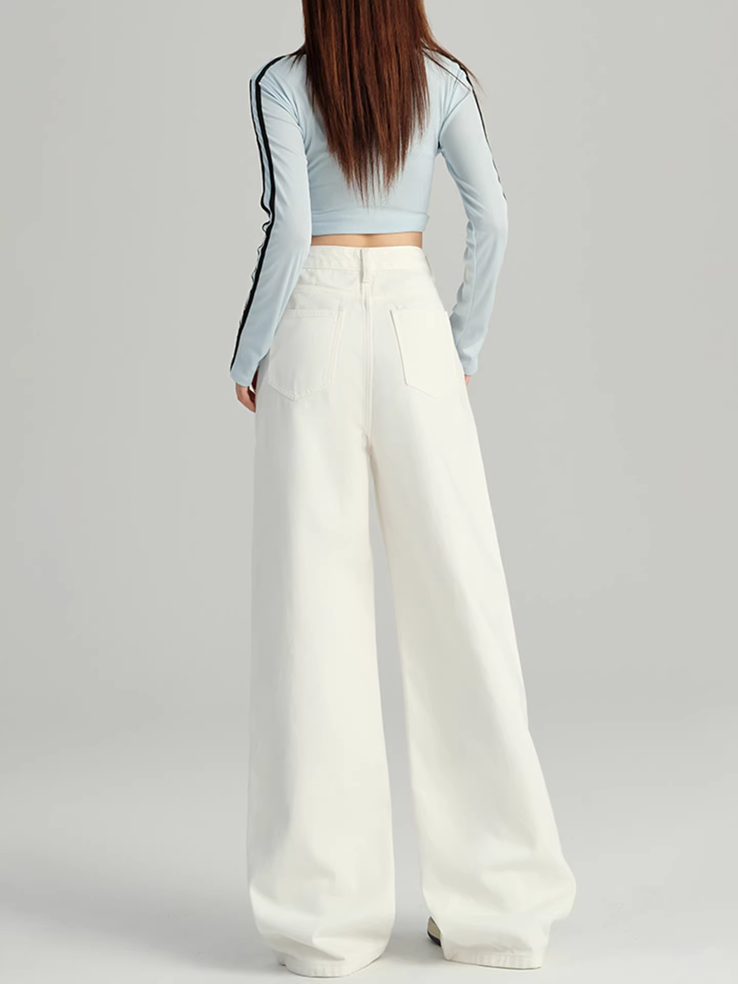 Quần jeans trắng La Chapelle ống rộng dành cho nữ, mẫu mới thu 2025, dáng nhỏ nhắn, cạp cao, rộng rãi, dài chấm đất, kiểu thẳng