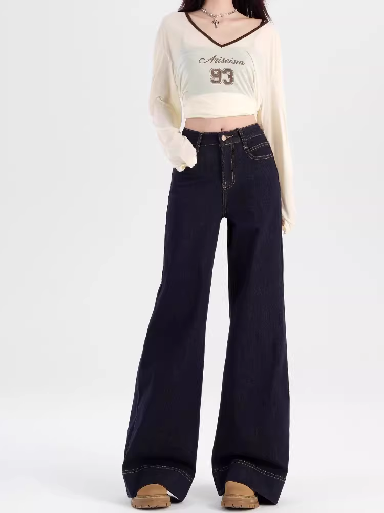 Quần jeans xanh denim dáng loe La Chapelle dành cho nữ, mẫu mới thu đông 2025, cạp cao, lót lông, dáng thẳng, size nhỏ