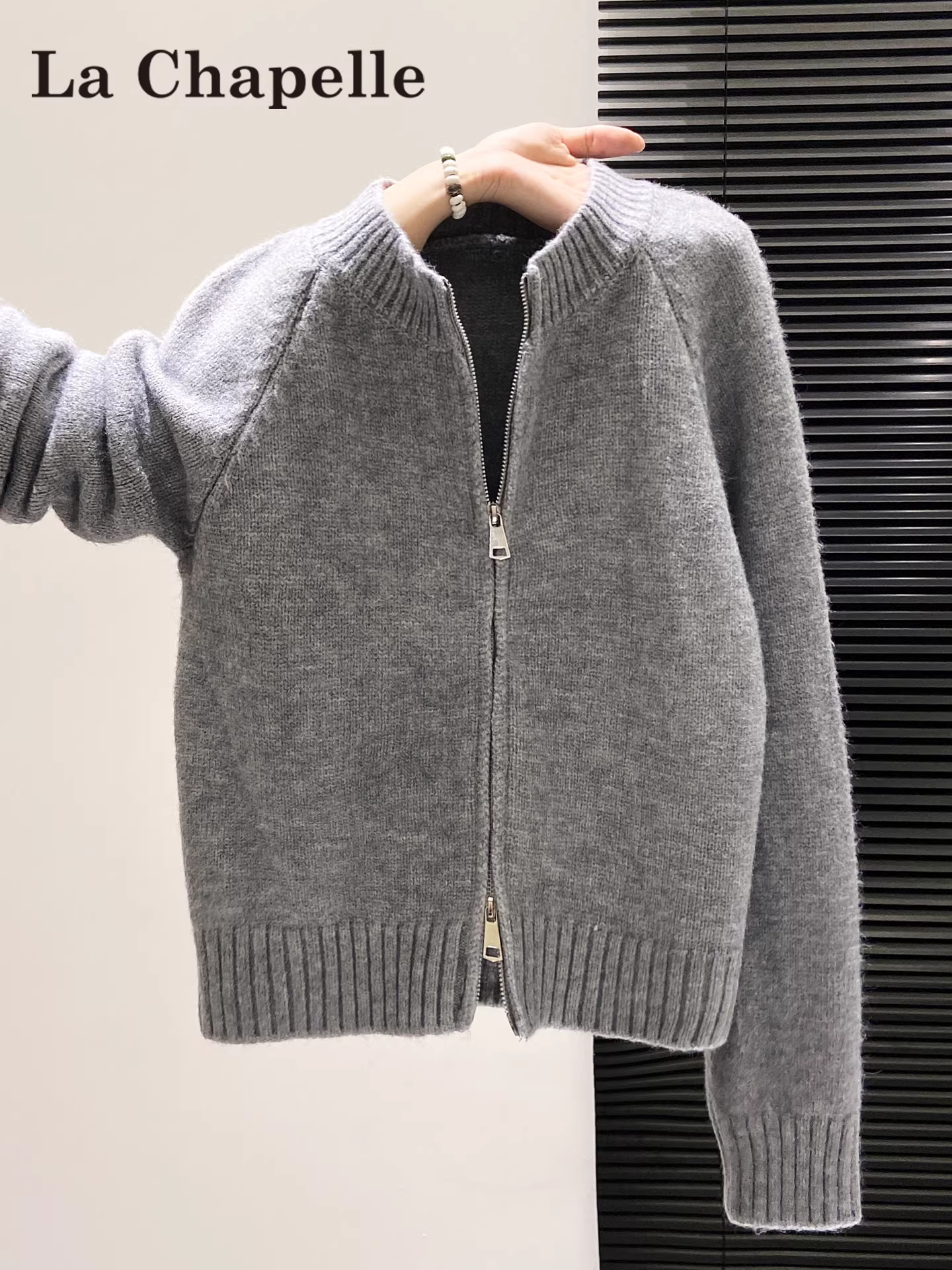 Áo cardigan len dài tay màu xám La Chapelle dành cho nữ, mẫu mới thu đông 2025, áo khoác cardigan có khóa kéo đôi