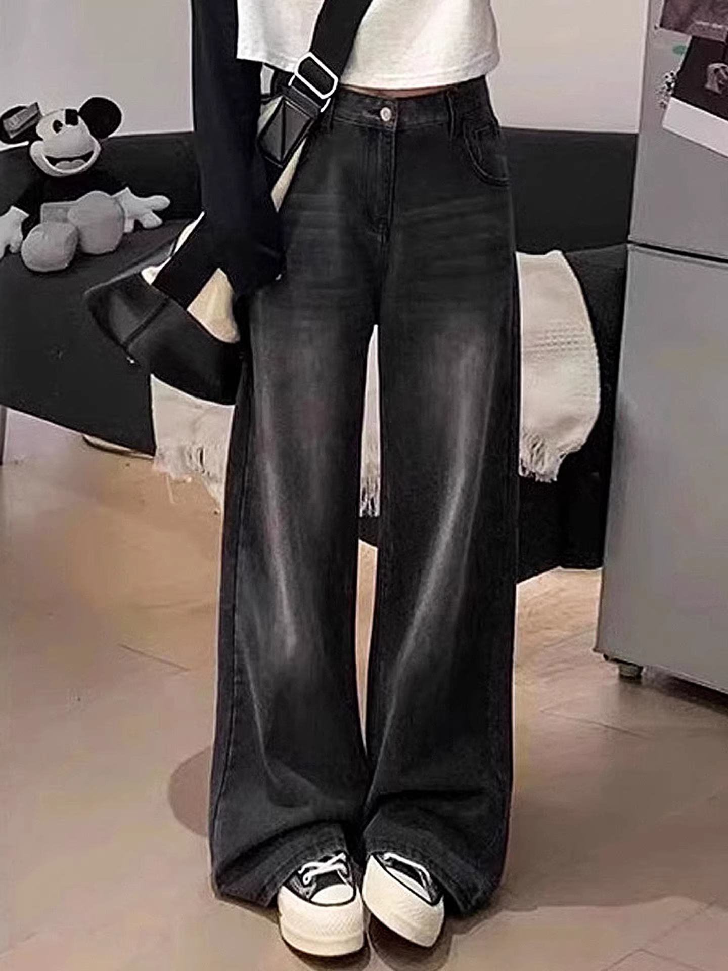 Quần jeans ống rộng lót lông dày màu đen La Chapelle dành cho nữ, mẫu mới thu đông 2025, dáng rộng, cạp cao, ống thẳng