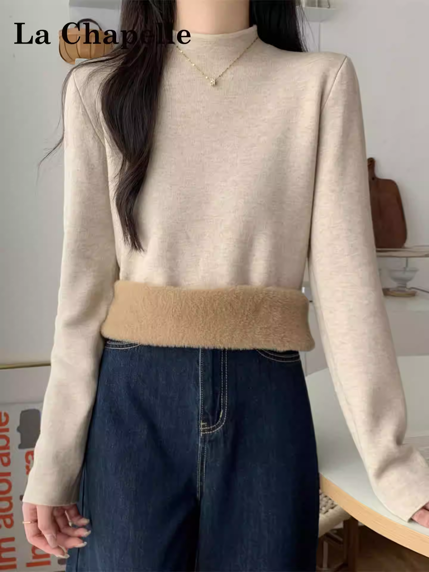 Áo len dệt kim cổ lọ nửa cao tay dài phong cách Hàn Quốc La Chapelle dành cho nữ, mẫu mới thu đông 2025, áo lót trong