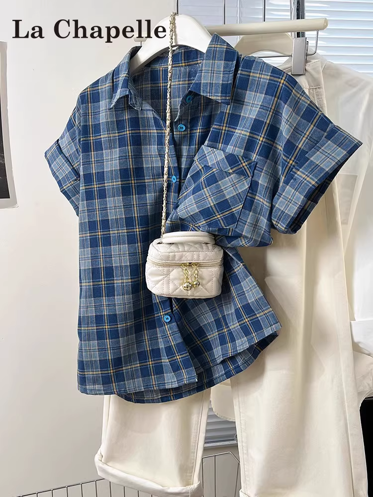 Áo sơ mi ngắn tay kẻ sọc xanh La Chapelle dành cho nữ mùa hè 2025 áo sơ mi dáng rộng mùa hè mới áo cardigan