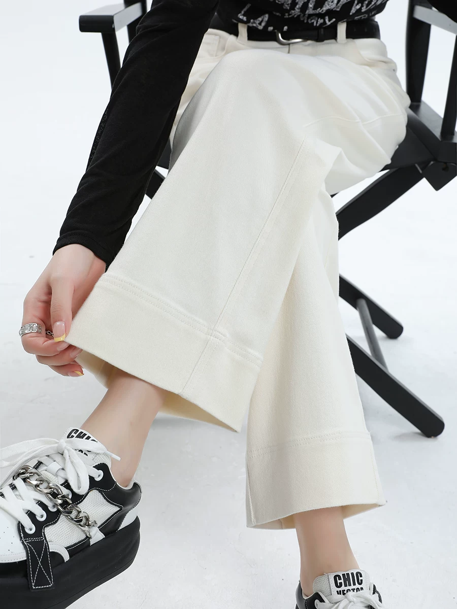 Quần jean ống rộng lót lông trắng La Chapelle dành cho nữ, quần dài chín phần dáng rộng thẳng, mẫu mới thu đông 2025.