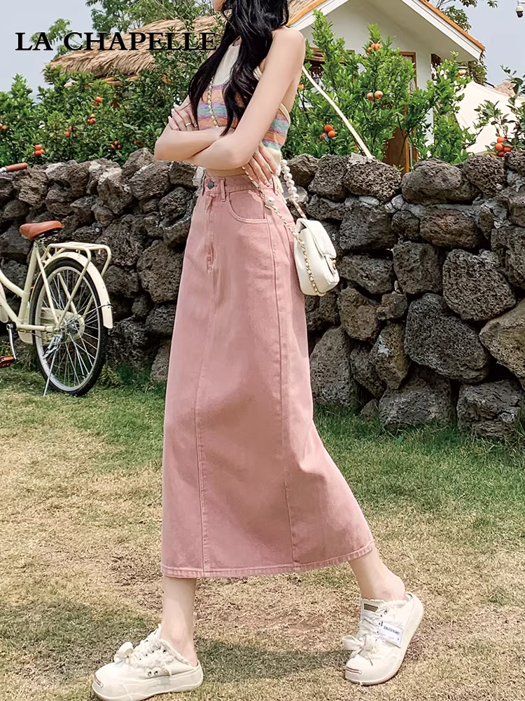 Váy denim màu hồng nhạt La Chapelle dành cho nữ, mẫu mới thu đông 2025, kiểu dáng chữ A, lưng cao, dài ngang đùi, dành cho người nhỏ nhắn.