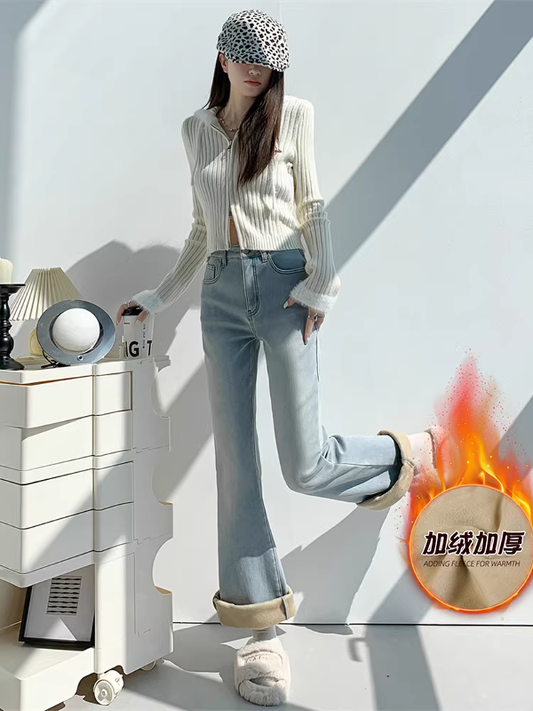 Quần jean dáng loe lót lông phong cách Mỹ La Chapelle dành cho nữ, kiểu mới thu đông 2025, quần ống chuông cạp cao tôn dáng, size nhỏ.