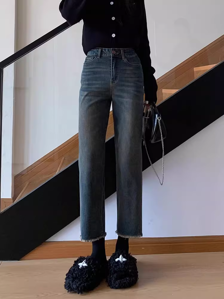 Quần jeans La Chapelle dáng thẳng, cạp cao, ôm dáng, kiểu dáng retro dành cho nữ, mẫu mới thu đông 2025