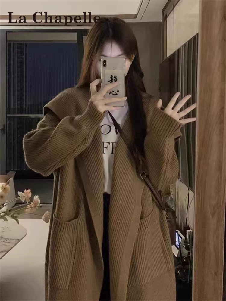 Áo len dệt kim dài tay La Chapelle kiểu cổ điển dành cho nữ, mẫu mới thu đông 2025, dáng rộng, dài trung bình, kiểu cardigan
