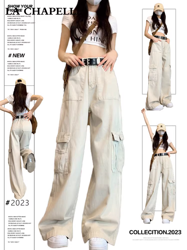 Quần cargo kiểu Mỹ màu trắng La Chapelle dành cho nữ, mát mẻ và sành điệu, quần ống rộng lót lông cừu mới mùa thu đông 2025 dành cho người nhỏ nhắn.