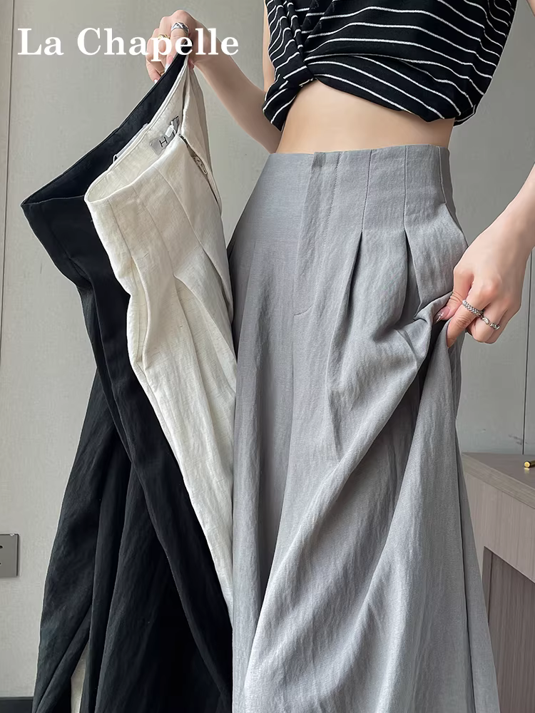 Quần ống rộng vải lụa đá màu xám La Chapelle dành cho nữ, mẫu mới hè 2025, chất liệu mỏng, cạp cao, dáng rộng, phong cách thường ngày, kiểu Yamamoto