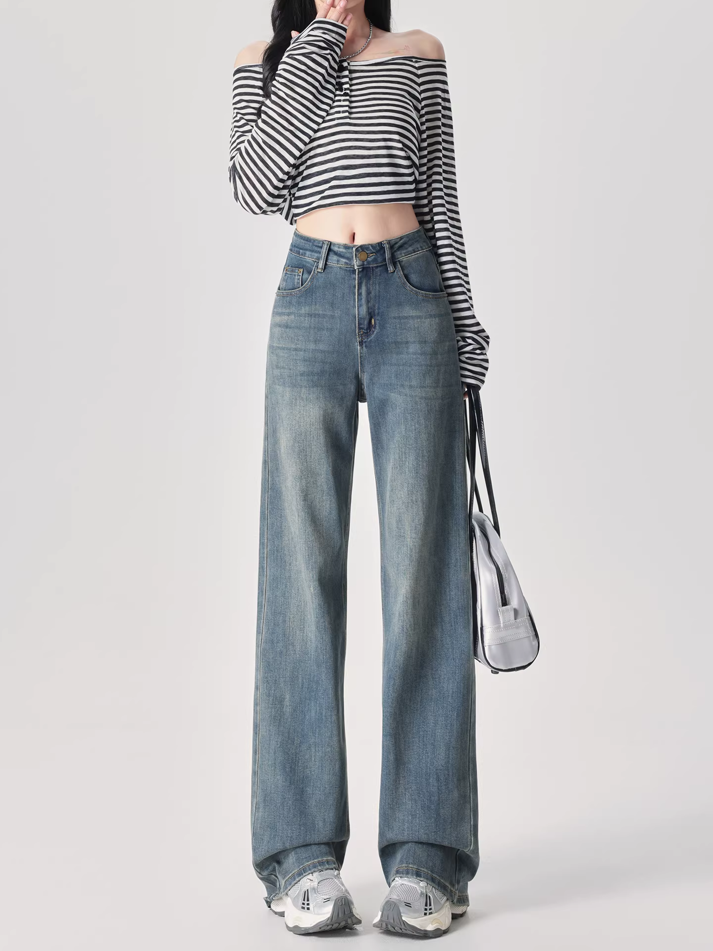 Quần jeans ống rộng dáng retro La Chapelle dành cho nữ, mẫu mới thu đông 2025, cạp cao, tôn dáng, dáng thẳng