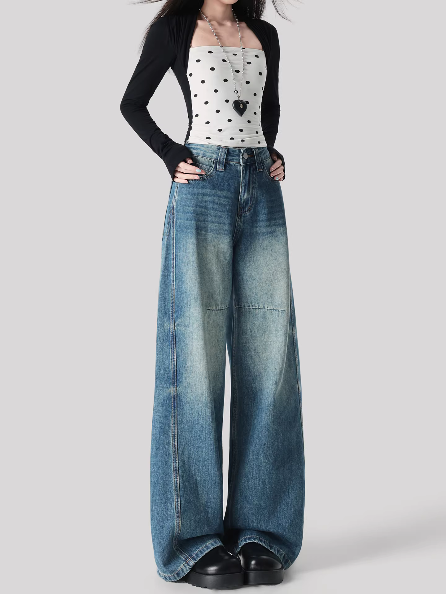 Quần jeans ống rộng La Chapelle kiểu retro dành cho nữ, mẫu mới thu đông 2025, cạp cao, dáng rộng, thẳng, dành cho người nhỏ nhắn