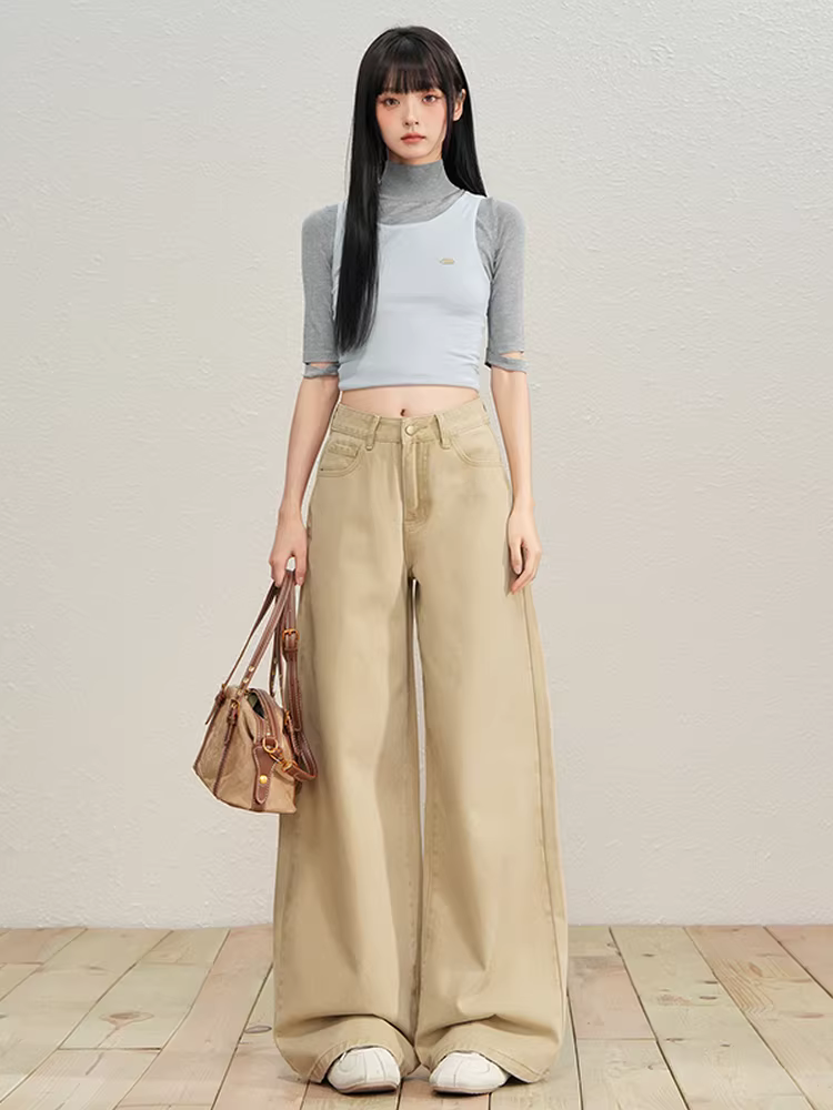 Quần jean ống rộng dày dặn lót lông cừu La Chapelle dành cho nữ, mùa thu đông 2025, kiểu dáng mới, cạp cao, dáng thẳng