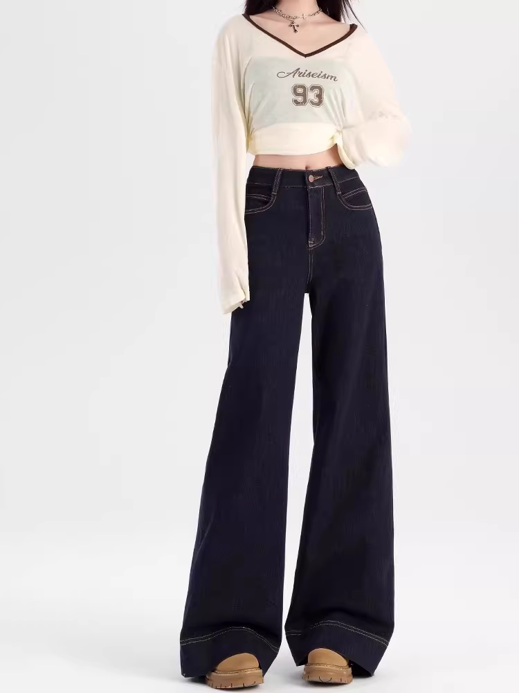 Quần jeans xanh denim dáng loe La Chapelle dành cho nữ, mẫu mới thu đông 2025, cạp cao, lót lông, dáng thẳng, size nhỏ