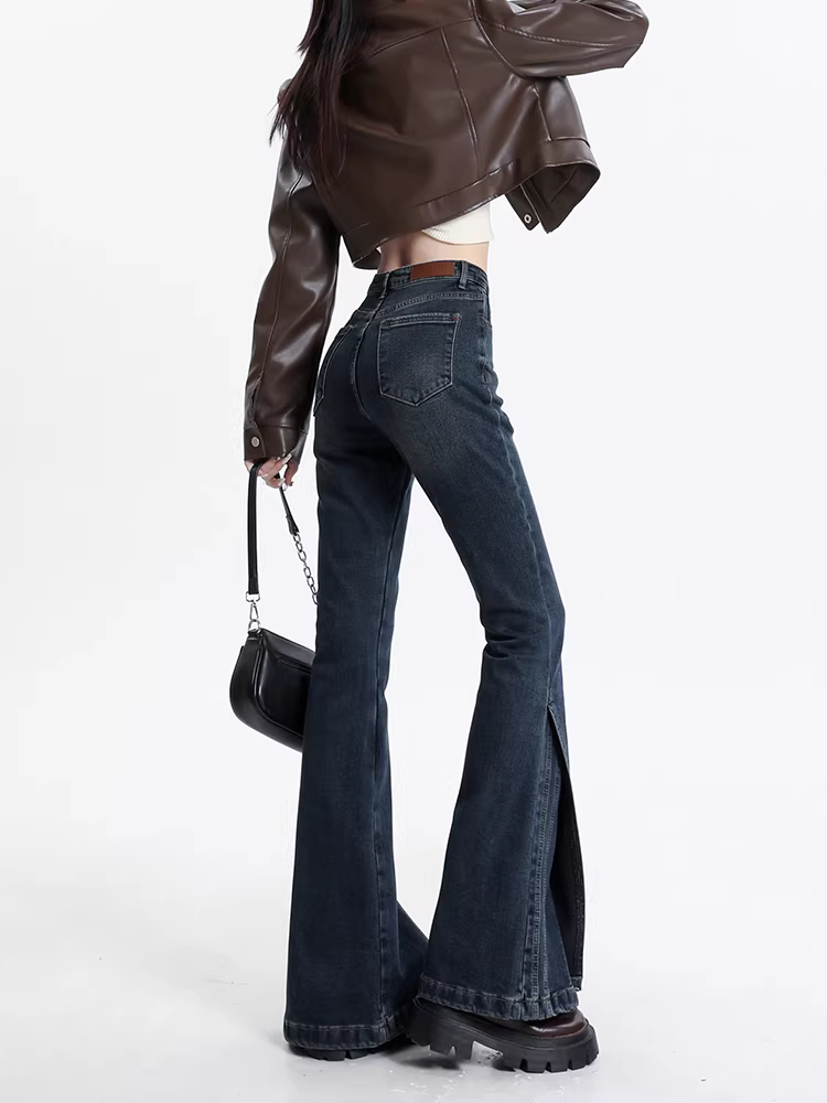 Quần jean La Chapelle dáng xòe retro dành cho nữ, quần ống loe co giãn cạp cao mới mùa thu 2025