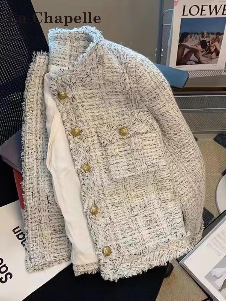 Áo khoác kiểu Chanel của La Chapelle dành cho nữ, mẫu mới thu đông 2024, dáng nhỏ nhắn, thanh lịch, áo ngắn cao cấp.