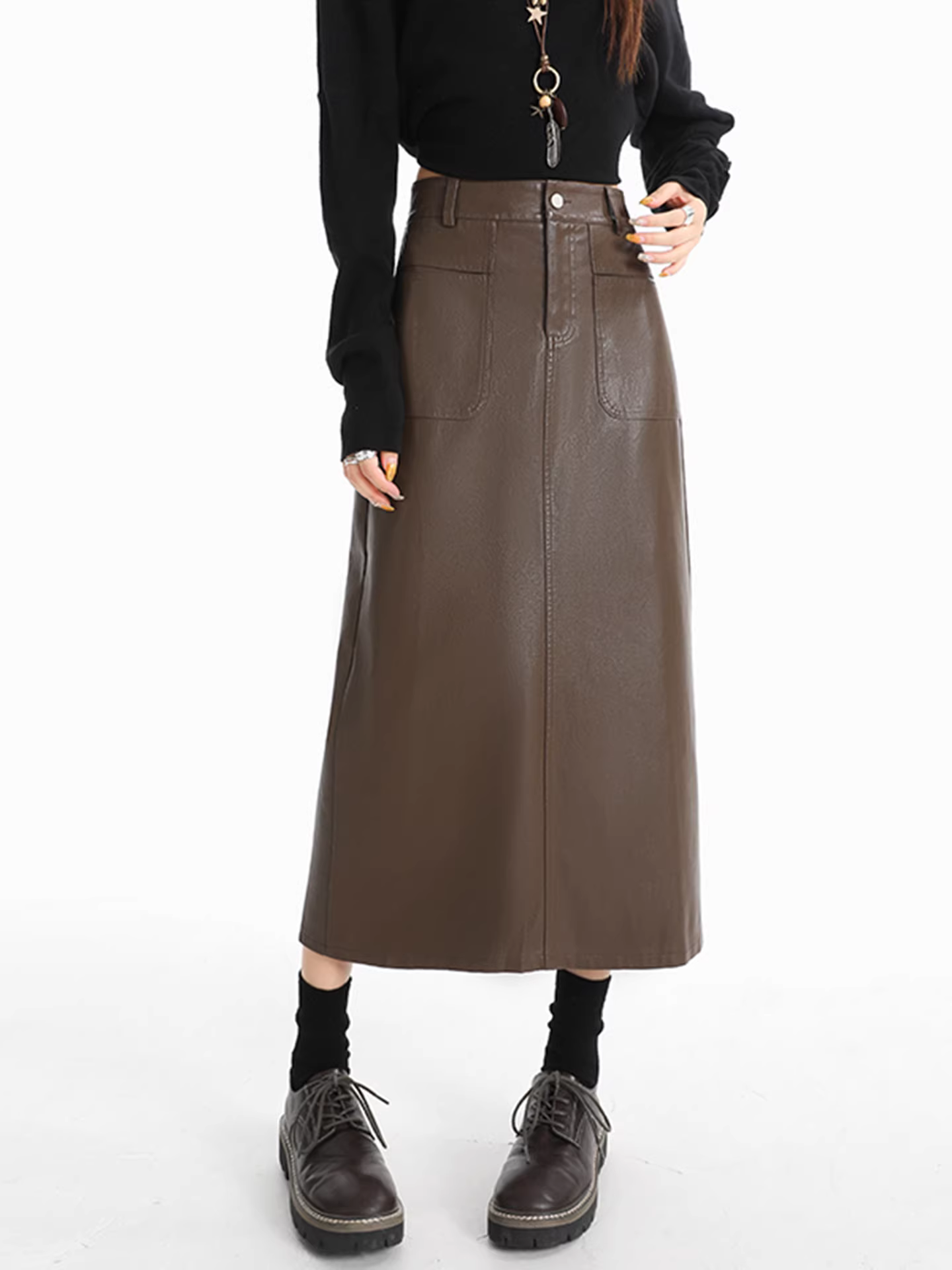 Váy bút chì màu cà phê La Chapelle dành cho nữ, kiểu mới thu đông 2025, váy da dáng dài vừa phải, eo cao, tôn dáng.