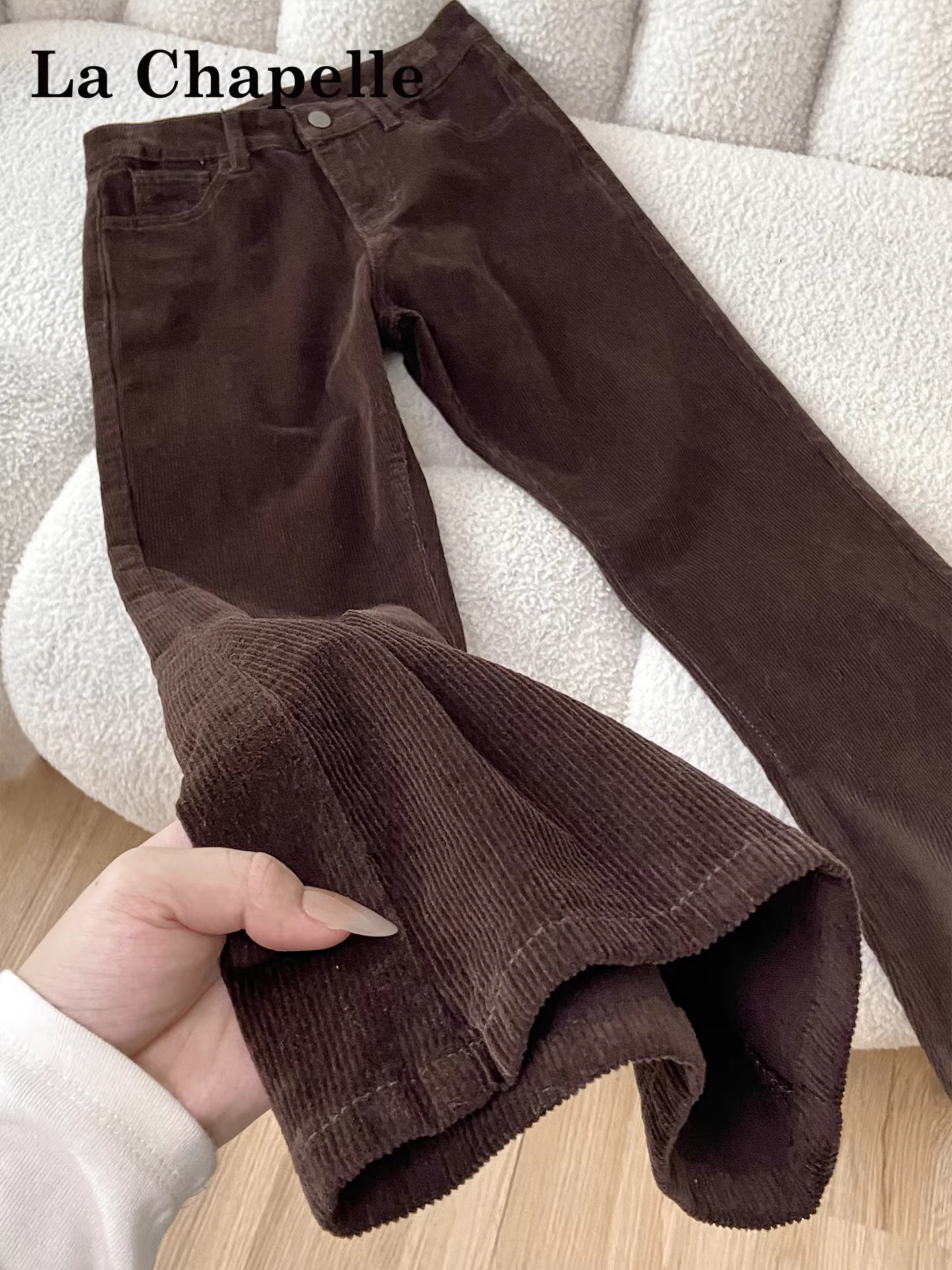 Quần ống loe dày dặn lót lông cừu màu nâu La Chapelle dành cho nữ, kiểu dáng mới thu đông 2025, cạp cao, ôm dáng, ống chuông