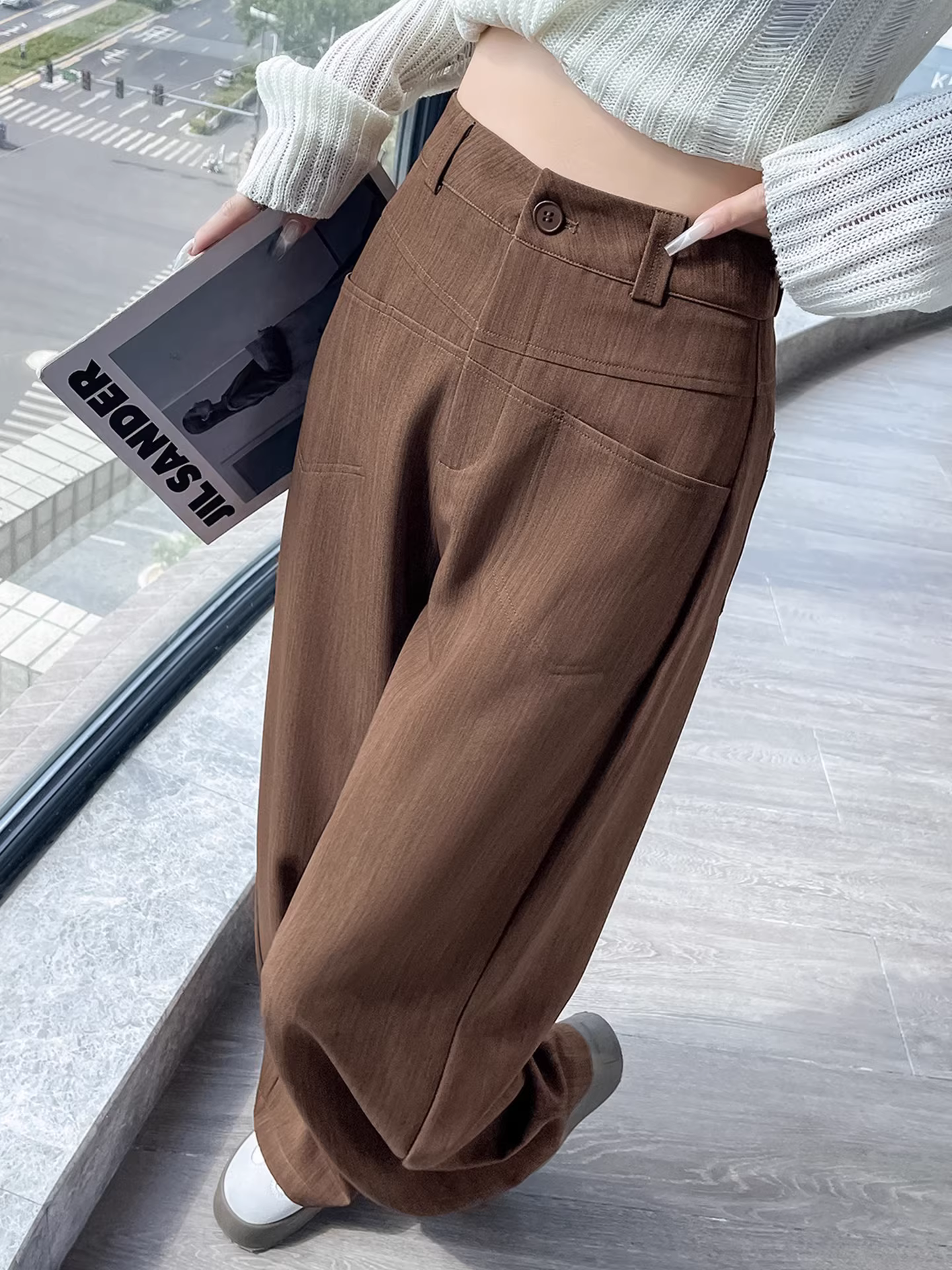 Quần âu dáng rộng màu cà phê La Chapelle dành cho nữ, kiểu mới thu đông 2025, cạp cao, rộng rãi, thoải mái, dáng thẳng