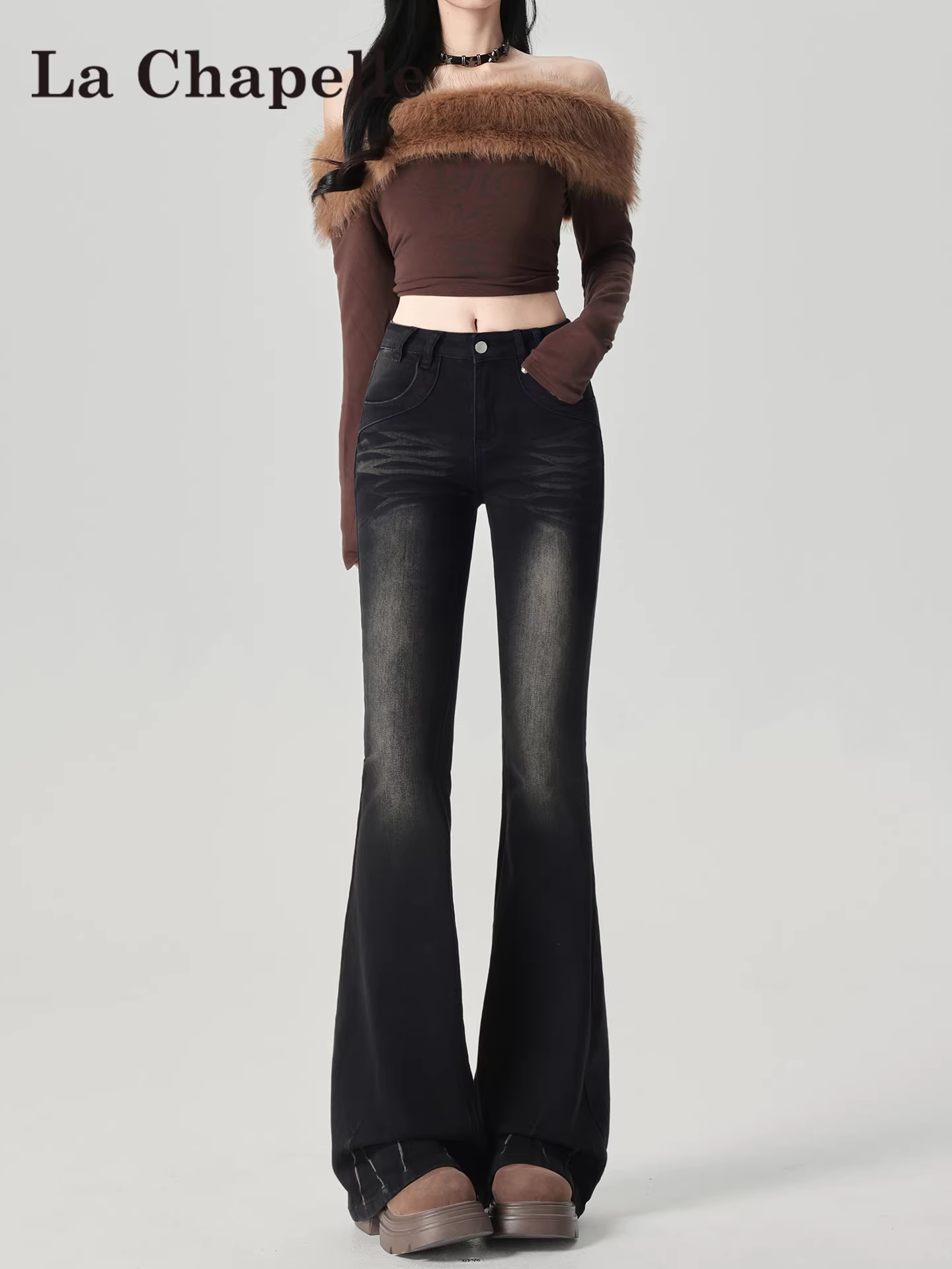 Quần jean nữ La Chapelle lót lông dày, dáng loe, cao cấp, mùa thu đông 2025, cạp cao, tôn dáng, ống chuông