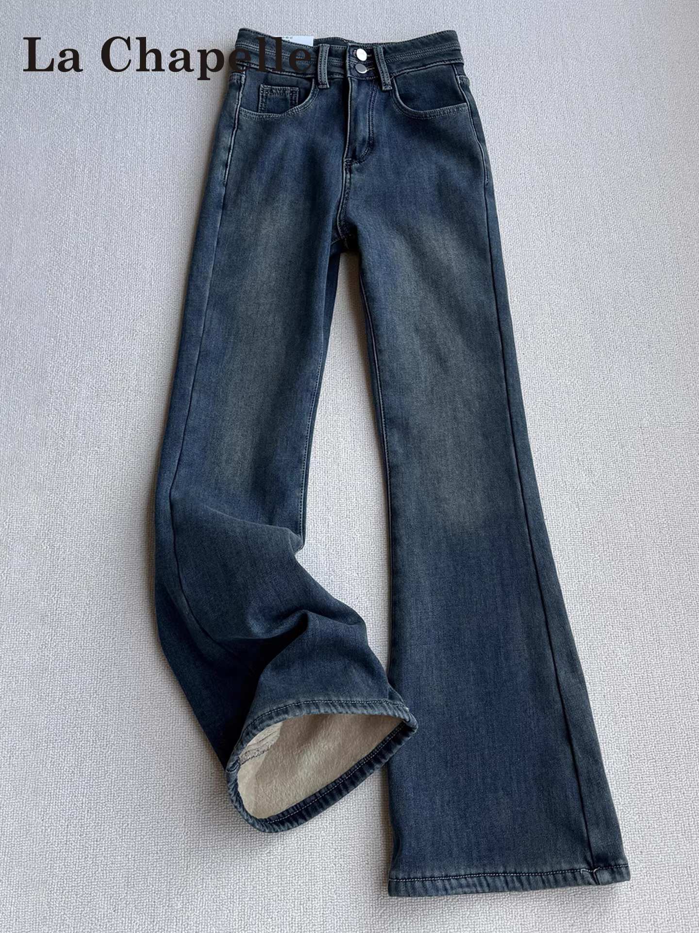 Quần jeans nữ La Chapelle kiểu dáng retro, lót lông dày, ống loe, mùa thu đông 2025, cạp cao, dáng nhỏ nhắn, ống chuông