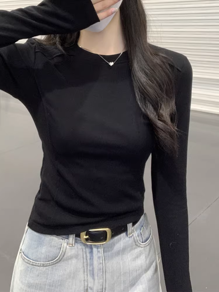 Áo thun nữ La Chapelle cổ tròn dài tay màu trắng, áo lót ôm dáng mới mùa thu 2025.