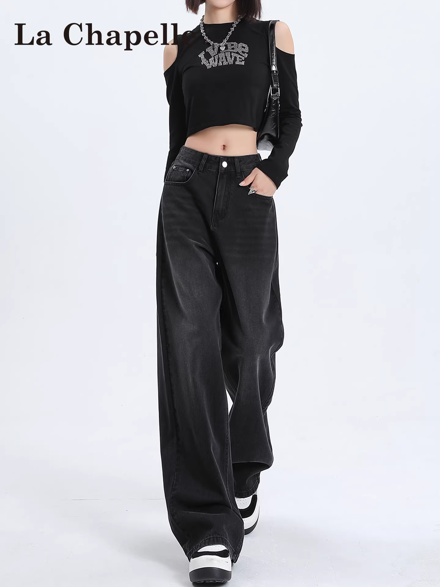 Quần jeans ống rộng dày dặn lót lông màu xám La Chapelle dành cho nữ, mẫu mới thu đông 2025, cạp cao, dáng ôm thẳng