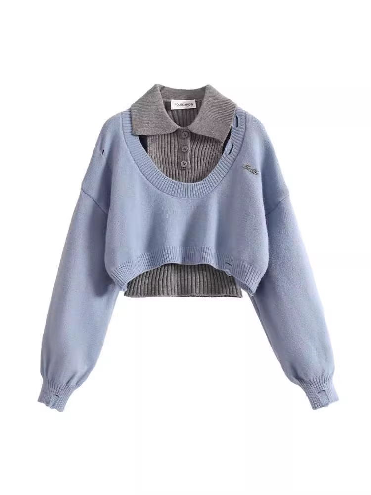 Áo len hai mảnh La Chapelle dành cho nữ, kiểu dáng mới thu đông 2025, phong cách học sinh, ôm dáng, cổ polo, áo ngắn