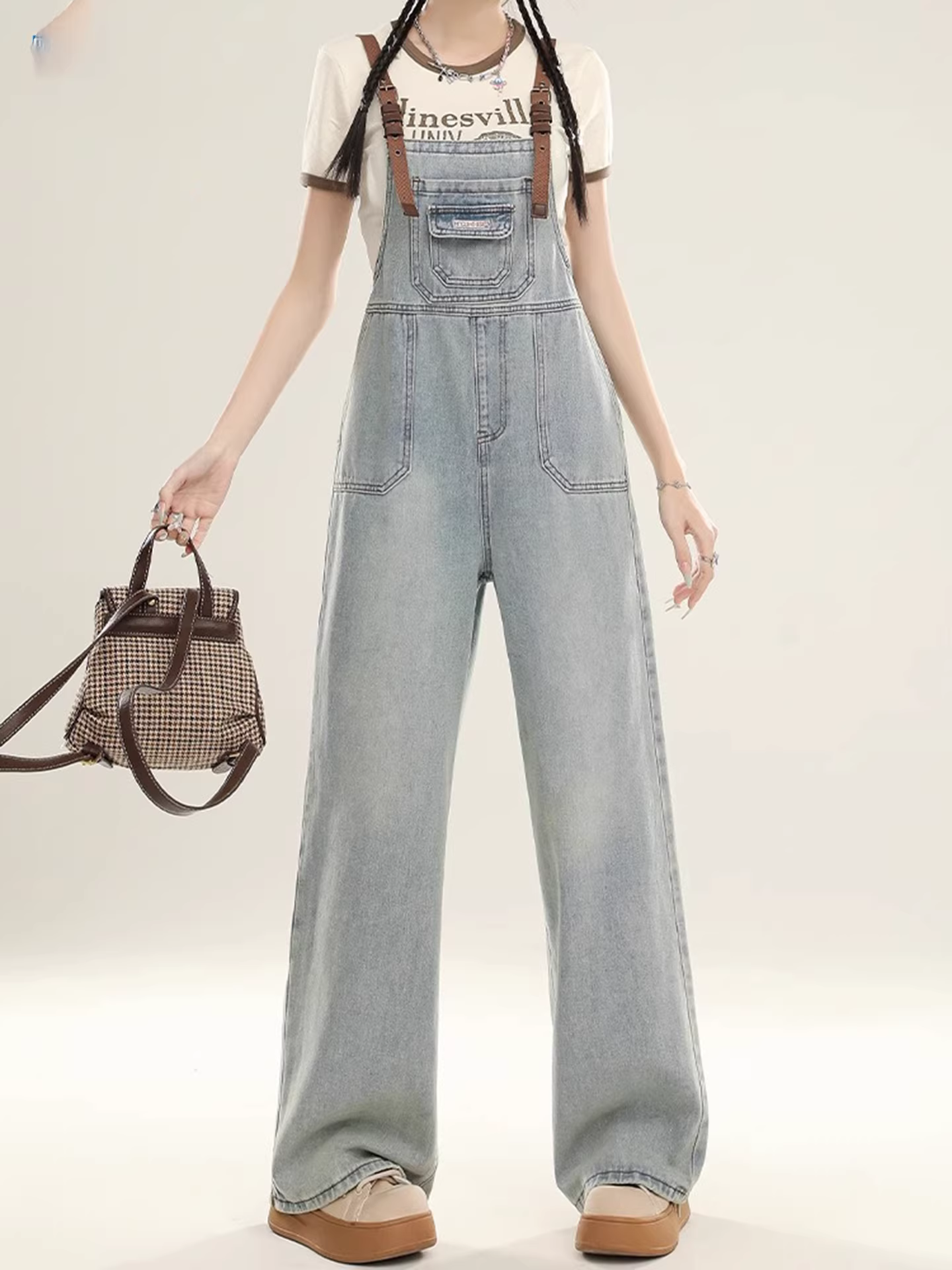 Quần yếm denim kiểu Mỹ La Chapelle dành cho nữ, kiểu mới mùa thu 2025, dáng rộng lưng cao, size nhỏ.