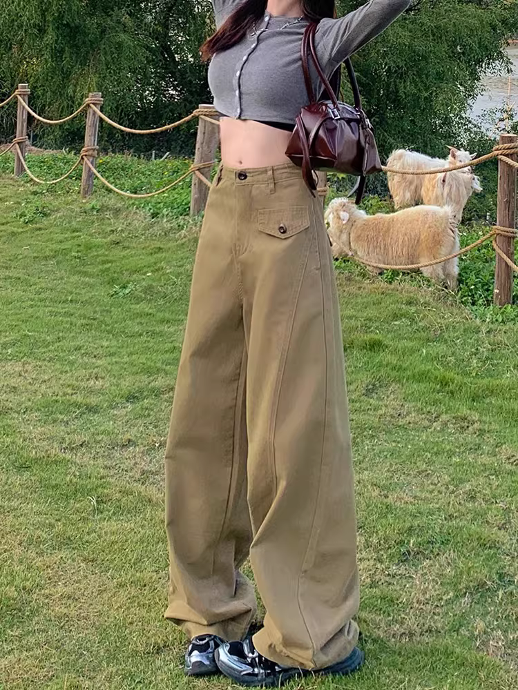 Quần jeans cargo ống rộng La Chapelle dành cho nữ, kiểu dáng mới xuân thu 2025, phong cách Mỹ, cạp cao, dáng thẳng, chất liệu mềm mại