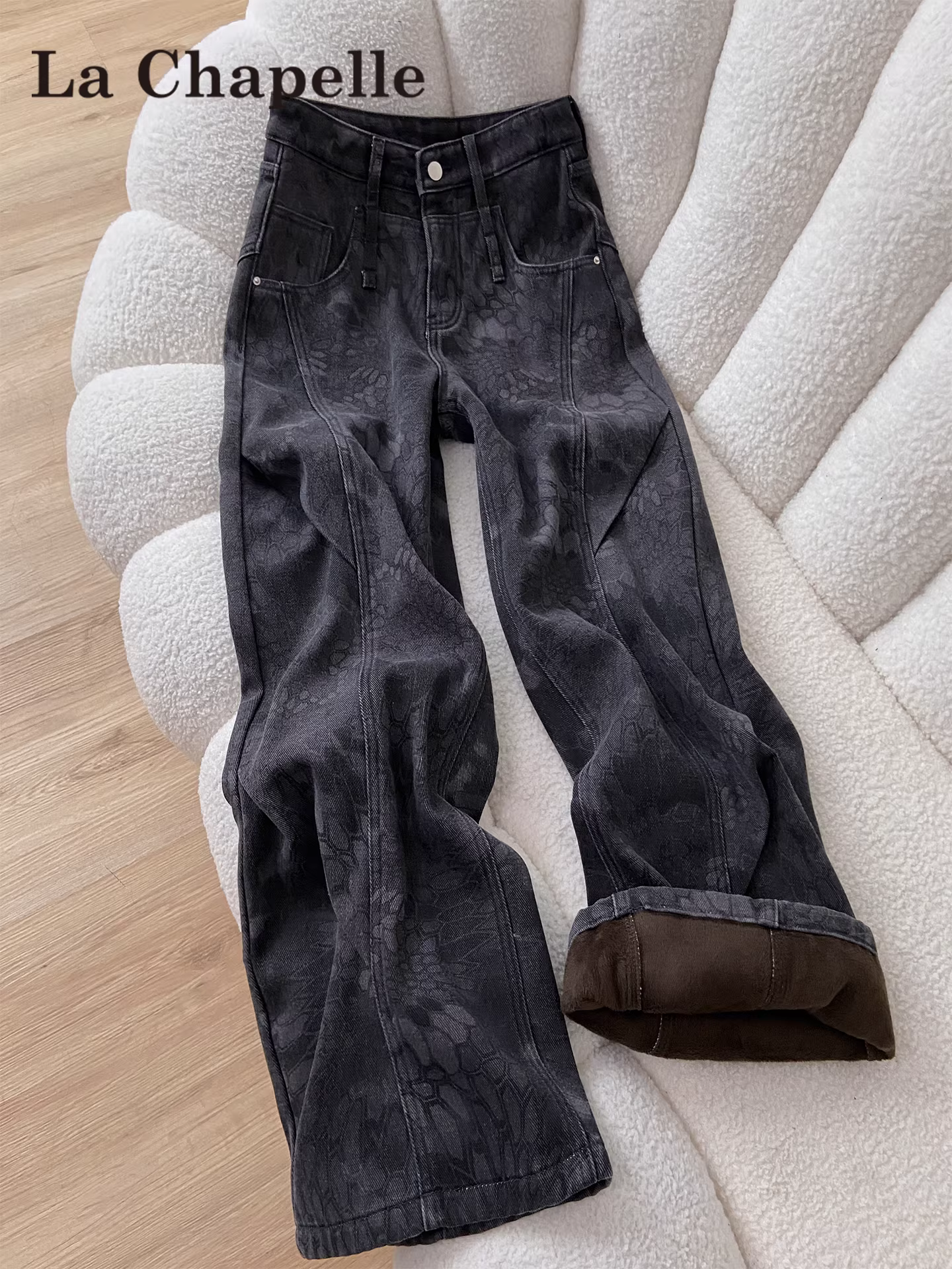 Quần jean ống rộng lót lông màu đen và xám La Chapelle dành cho nữ, quần dài ống đứng lưng cao dáng rộng mùa thu đông 2025