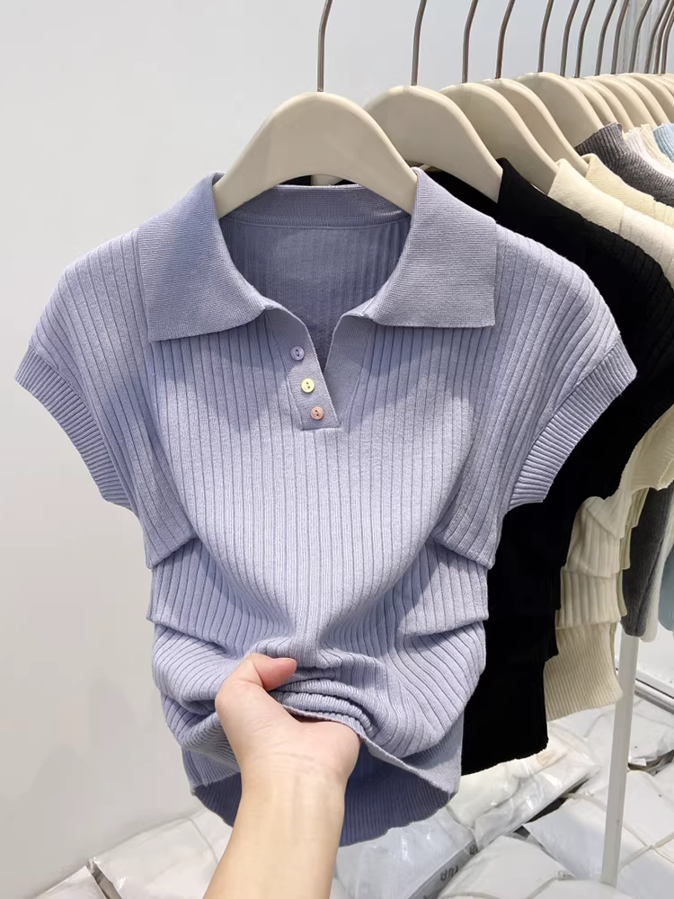 Áo thun nữ tay ngắn kiểu Pháp La Chapelle, áo sơ mi cổ trụ mùa hè mới 2025, kiểu ôm sát, mặc trong.