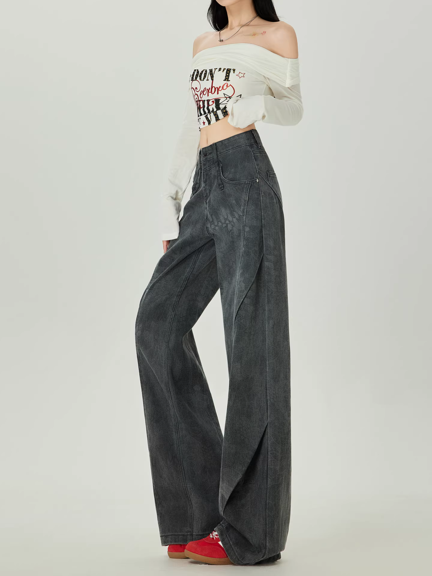 Quần jeans ống rộng in họa tiết La Chapelle dành cho nữ, mẫu mới thu đông 2025, cạp cao, dáng thẳng, dài chấm đất, size nhỏ nhắn