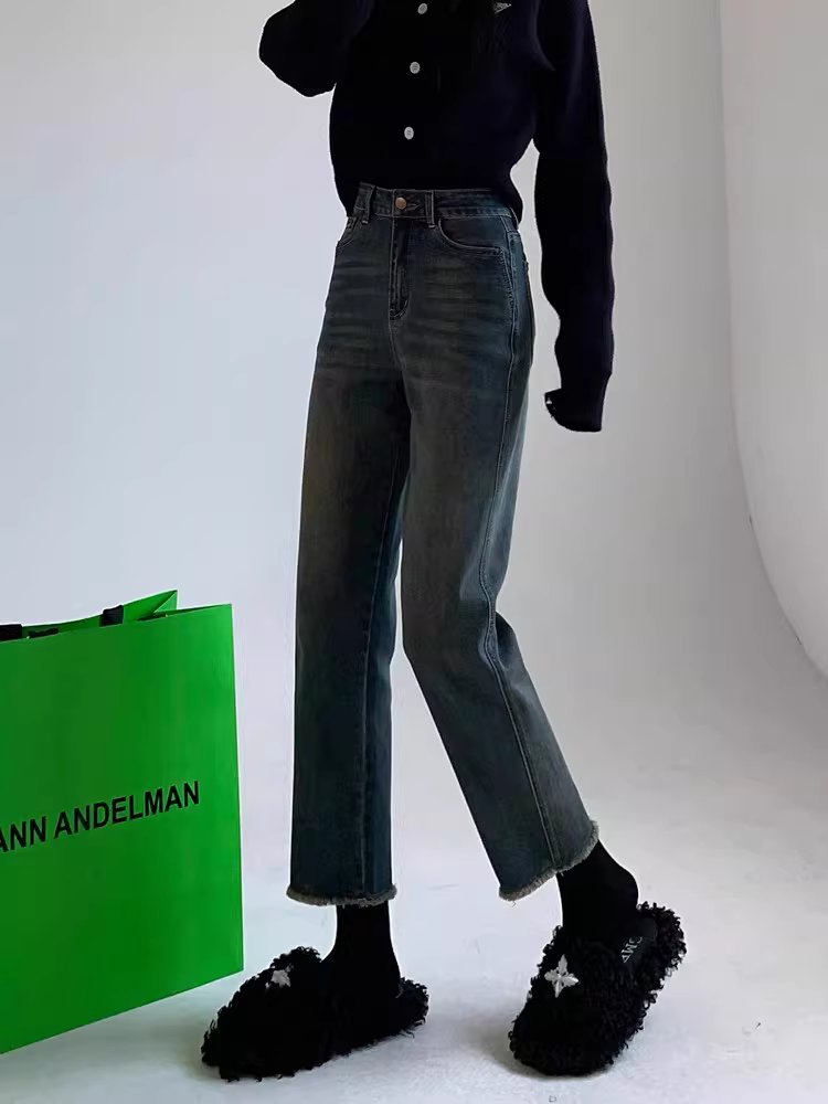 Quần jeans La Chapelle dáng thẳng, cạp cao, ôm dáng, kiểu dáng retro dành cho nữ, mẫu mới thu đông 2025