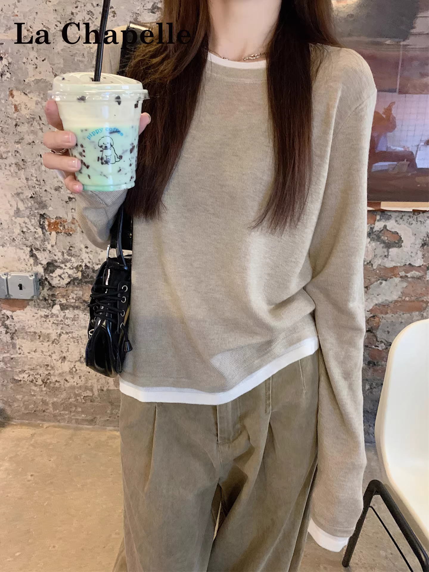 Áo len dệt kim phối màu phong cách Hàn Quốc La Chapelle dành cho nữ, mẫu mới thu đông 2025, kiểu dáng rộng, giả hai lớp, mặc trong