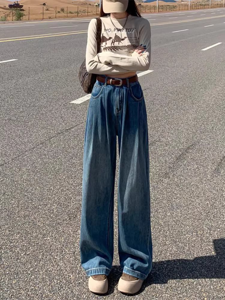 Quần jeans ống rộng màu kaki La Chapelle dành cho nữ, mẫu mới thu đông 2025, cạp cao, dáng rộng, tôn dáng, thẳng.