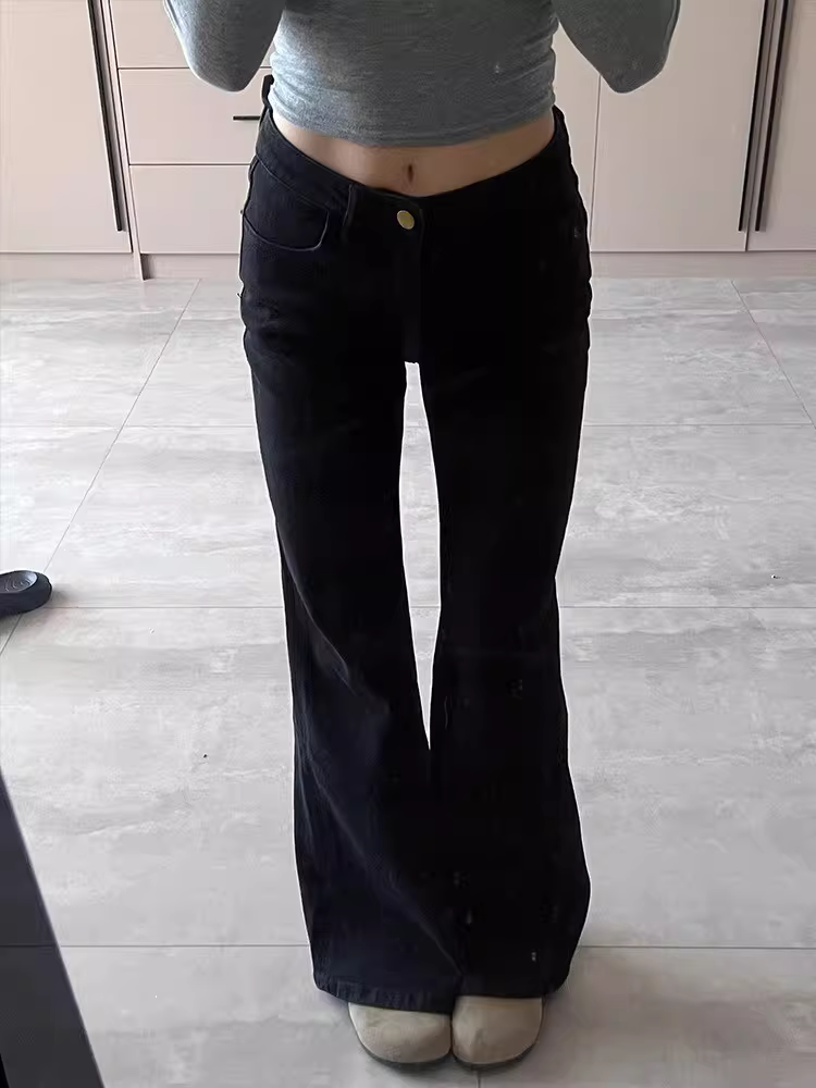 Quần jeans La Chapelle dáng ôm xòe retro dành cho nữ, mùa thu đông 2025, kiểu dáng mới cạp cao ôm dáng co giãn, ống chuông