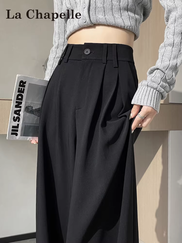 Quần âu đen La Chapelle ống rộng dành cho nữ, mẫu mới thu đông 2025, lót lông cừu, dáng nhỏ nhắn, rộng rãi, chất liệu mềm mại, ống thẳng