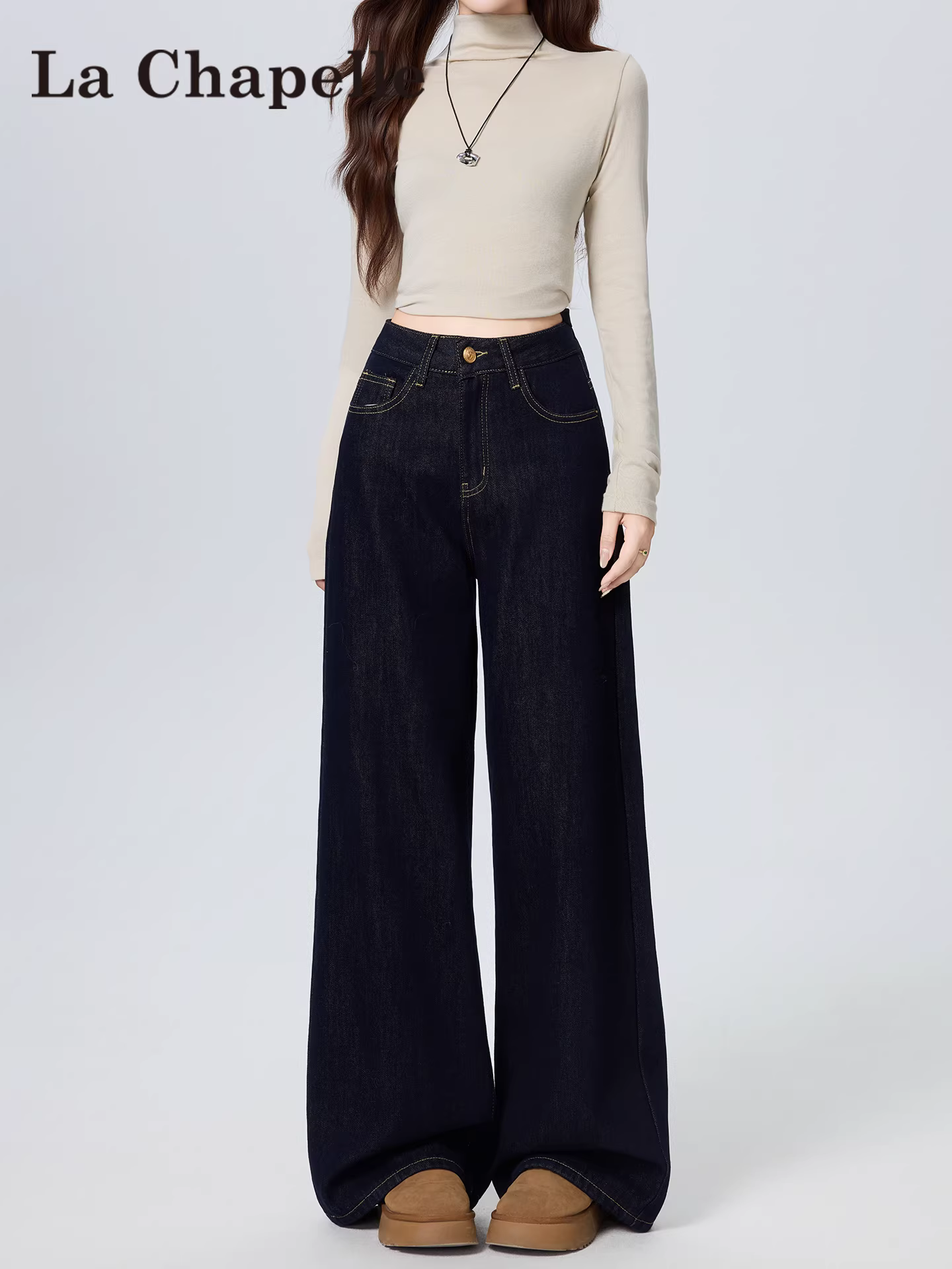 Quần jeans ống rộng dày dặn lót lông màu xanh đậm La Chapelle dành cho nữ, mẫu mới thu đông 2025, cạp cao, dáng thẳng