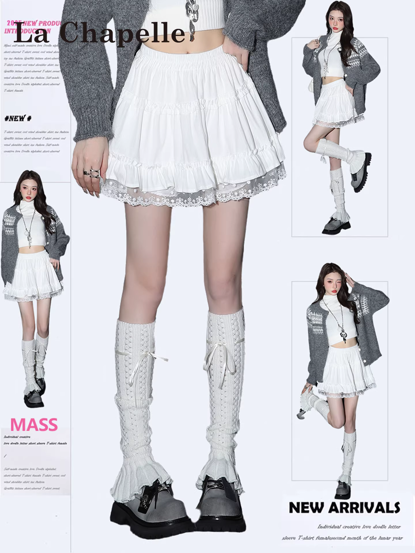 Váy xếp tầng ren trắng La Chapelle dành cho nữ, mẫu mới thu đông 2025, cạp cao, che hông, dáng chữ A, ngắn