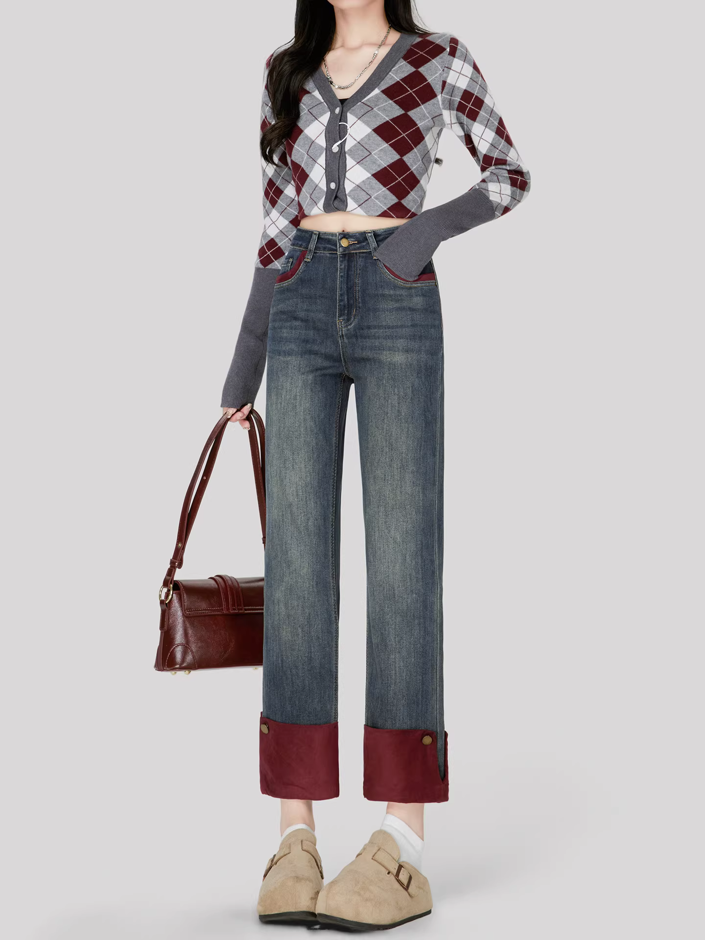 Quần jeans La Chapelle dáng thẳng lưng cao phối vải kiểu retro dành cho nữ, mẫu mới mùa đông 2025, ôm dáng, ống lửng, kiểu dáng cigarette