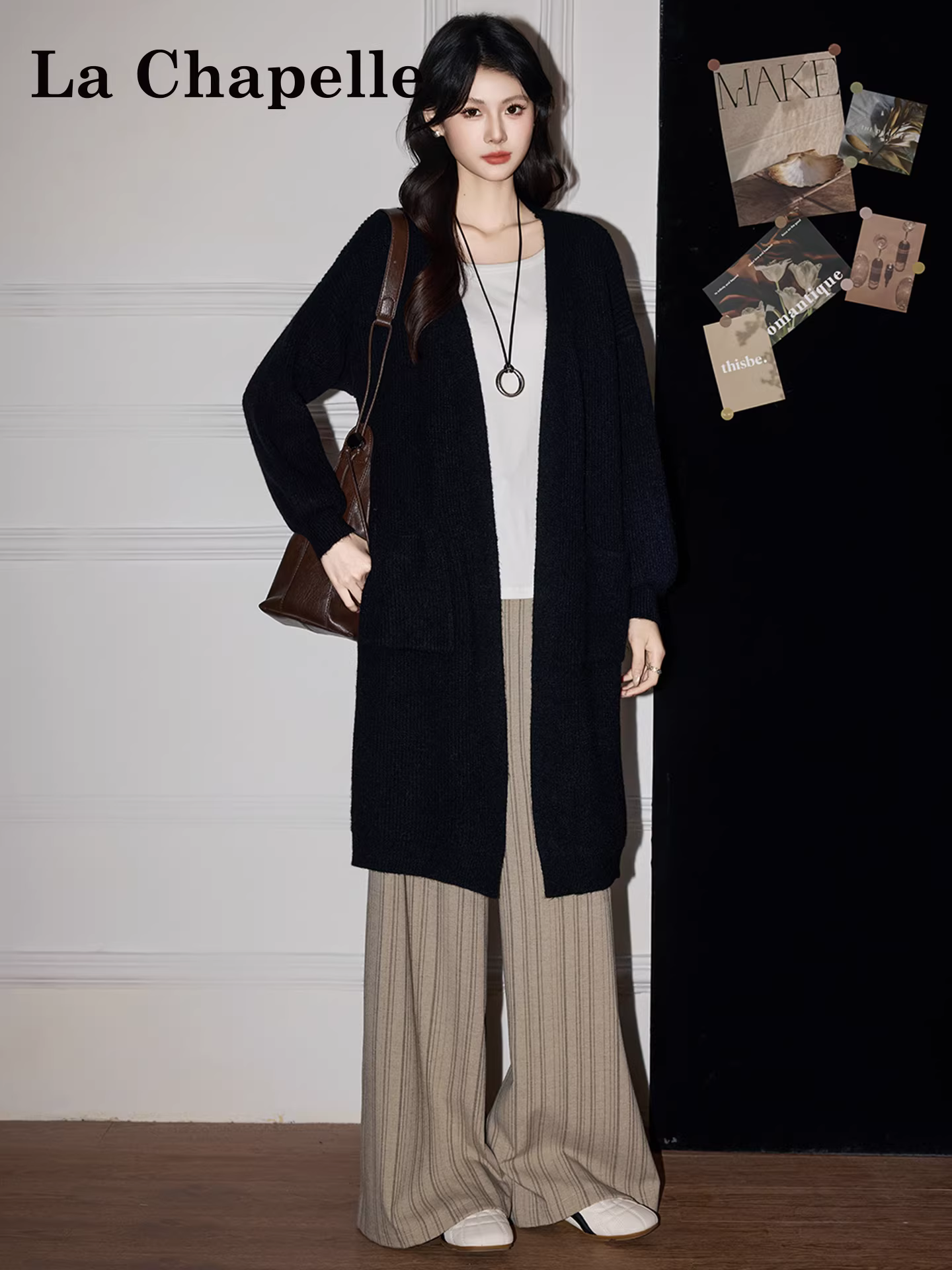 Áo cardigan len đen La Chapelle dành cho nữ, kiểu dáng mùa thu đông 2025 mới, phong cách lười biếng, áo khoác dài trung bình