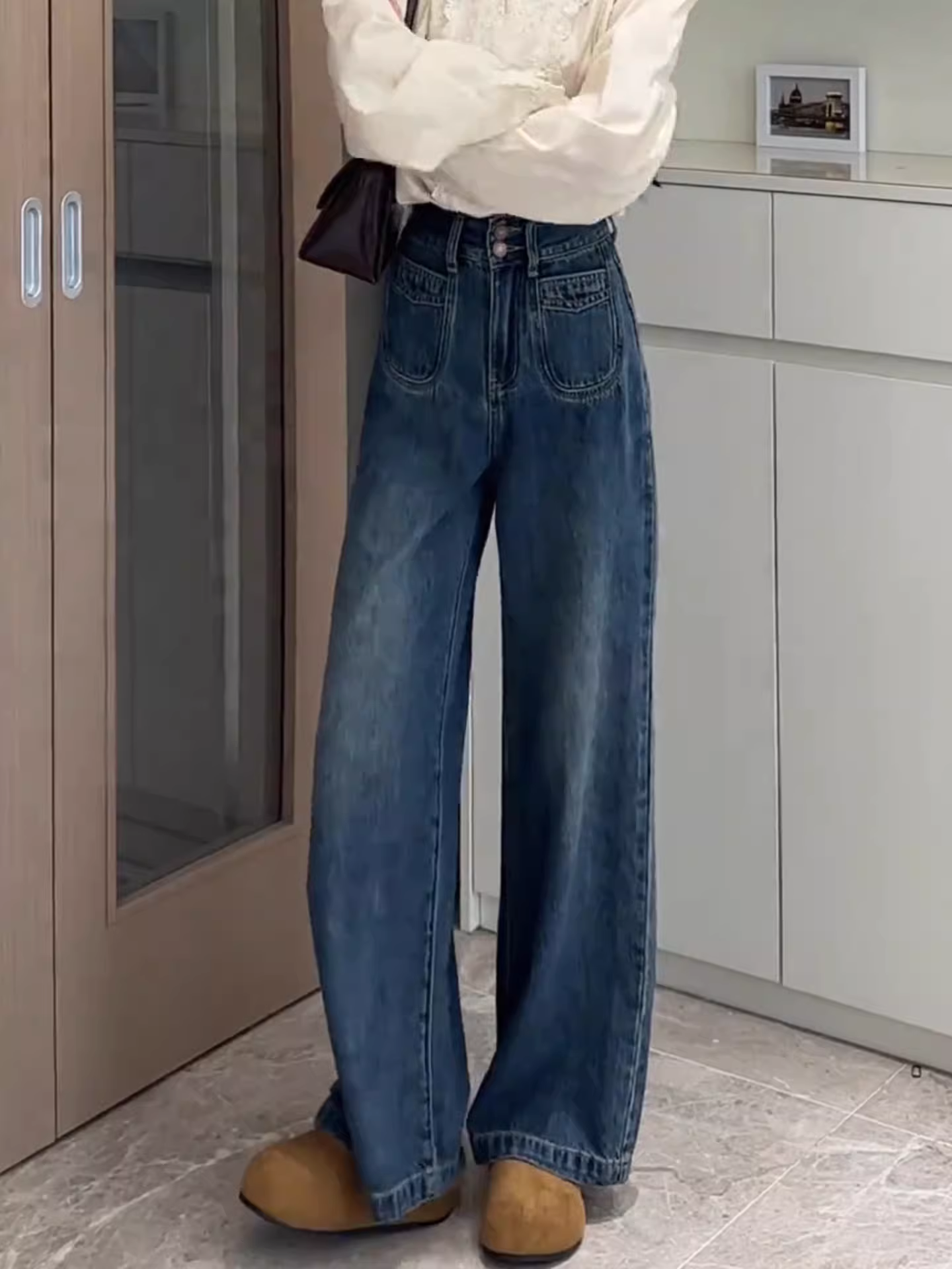 Quần jeans La Chapelle retro cạp cao dáng rộng ống rộng dành cho nữ, mẫu mới thu đông 2025, kiểu dáng thẳng, dành cho người nhỏ nhắn