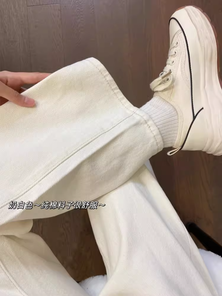 Quần jeans trắng dáng rộng ống rộng La Chapelle dành cho nữ, mẫu mới thu đông 2025, lót lông, cạp cao, dáng suông.