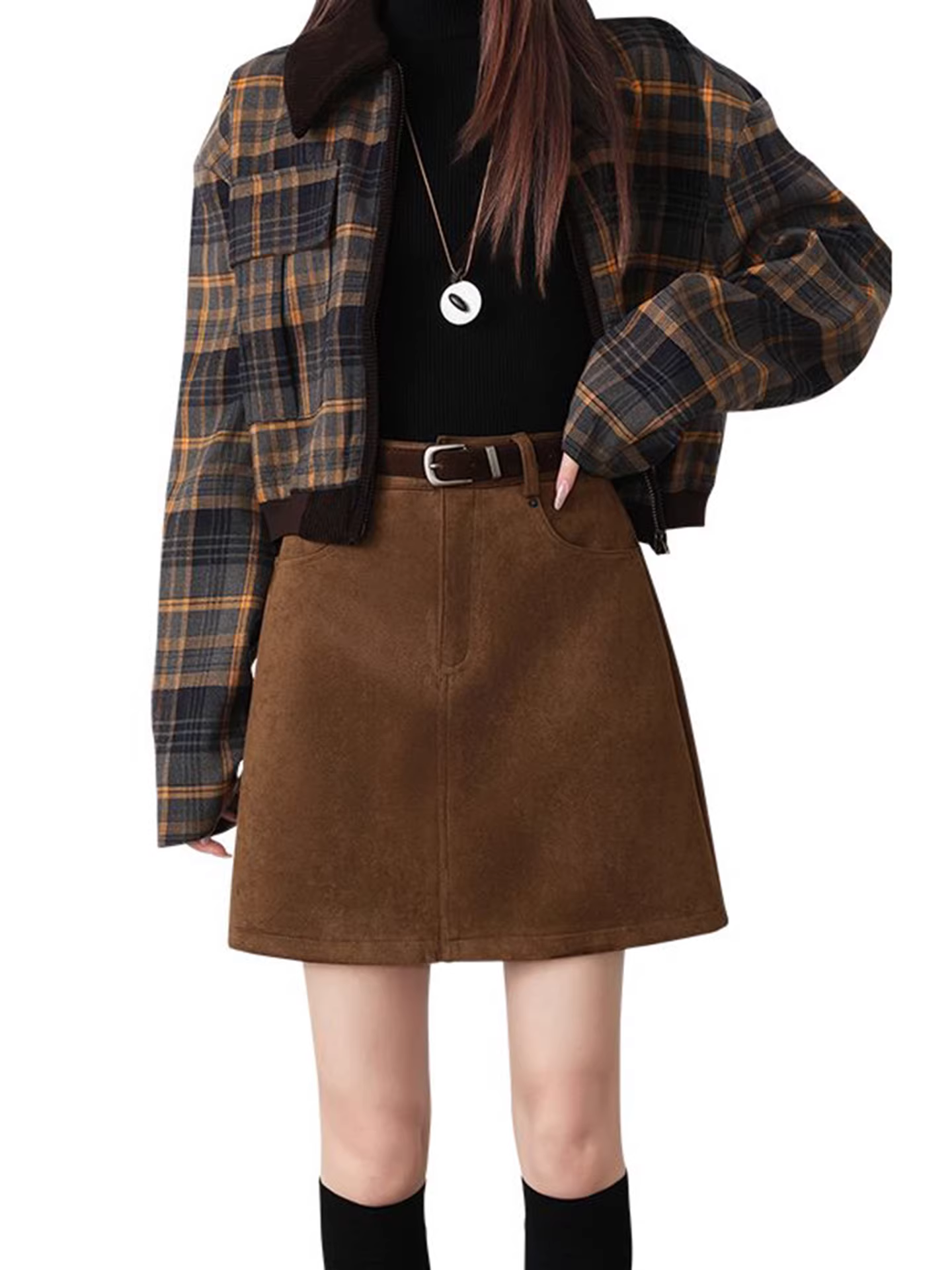 Váy công sở màu cà phê La Chapelle dành cho nữ, mẫu mới thu đông 2025, chất liệu da lộn cao cấp, dáng chữ A ngắn, eo cao, size nhỏ nhắn