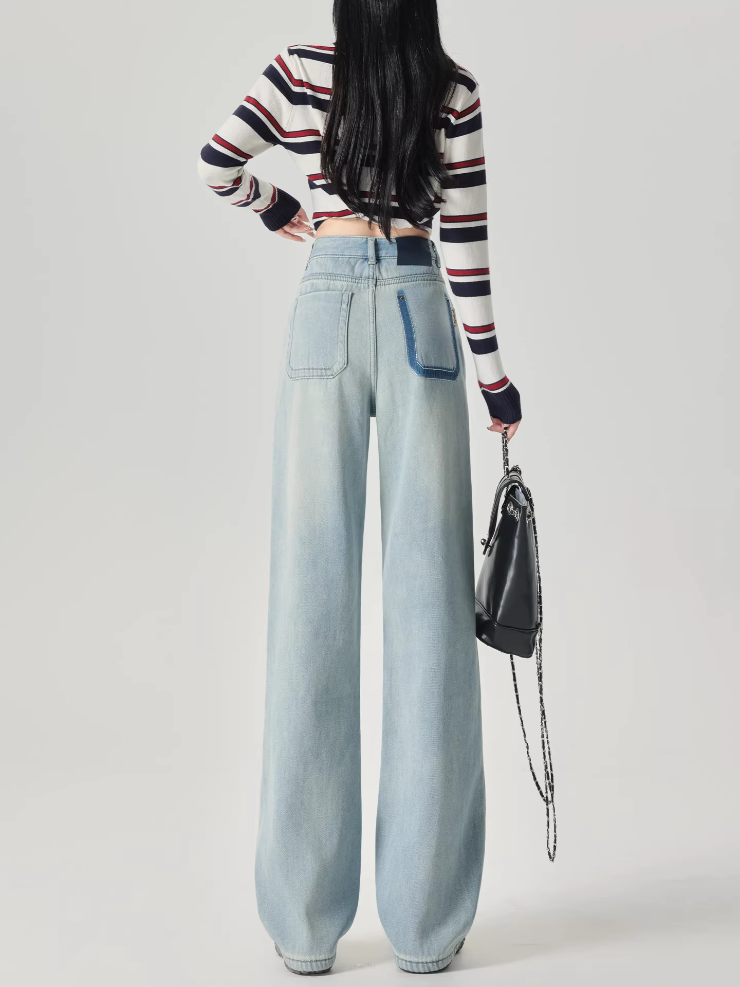 Quần jeans ống rộng dày dặn lót lông màu sáng La Chapelle dành cho nữ, mùa thu đông 2025, kiểu dáng mới, cạp cao, ôm dáng, thẳng.