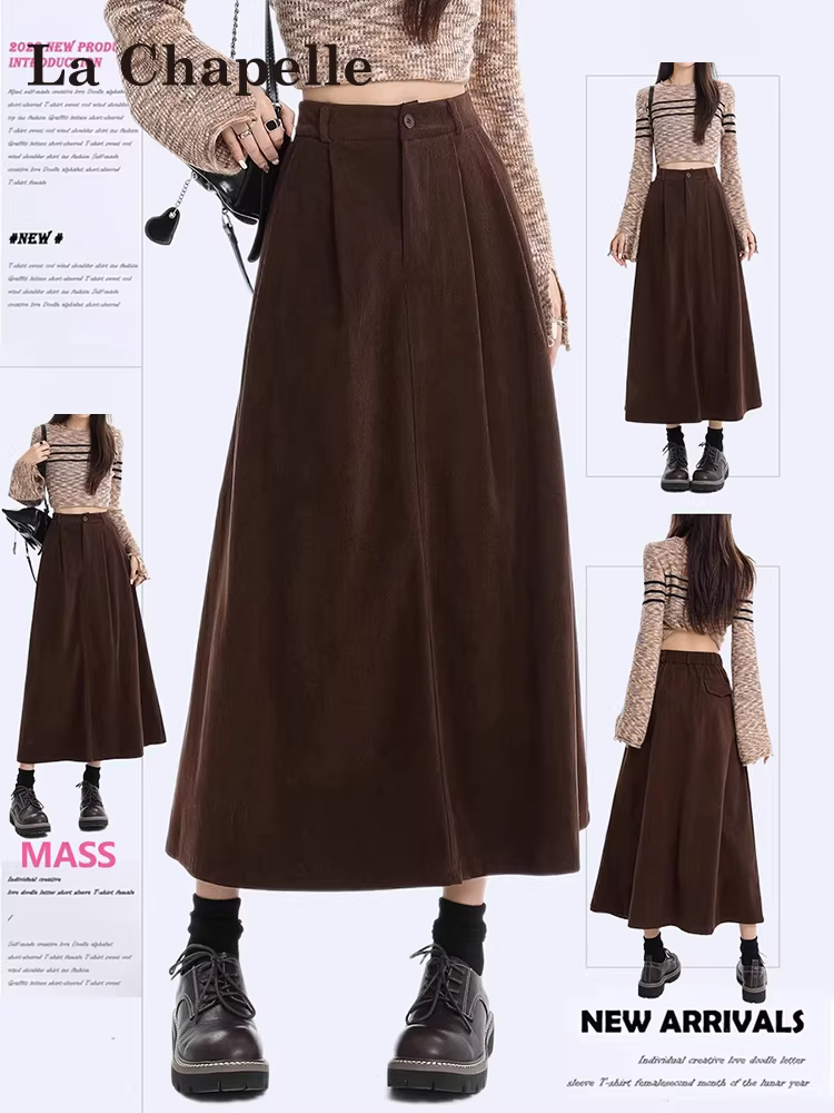 Váy chữ A cao eo chất liệu corduroy La Chapelle dành cho nữ, mẫu mới thu đông 2025, màu cà phê Melard, dài ngang đùi