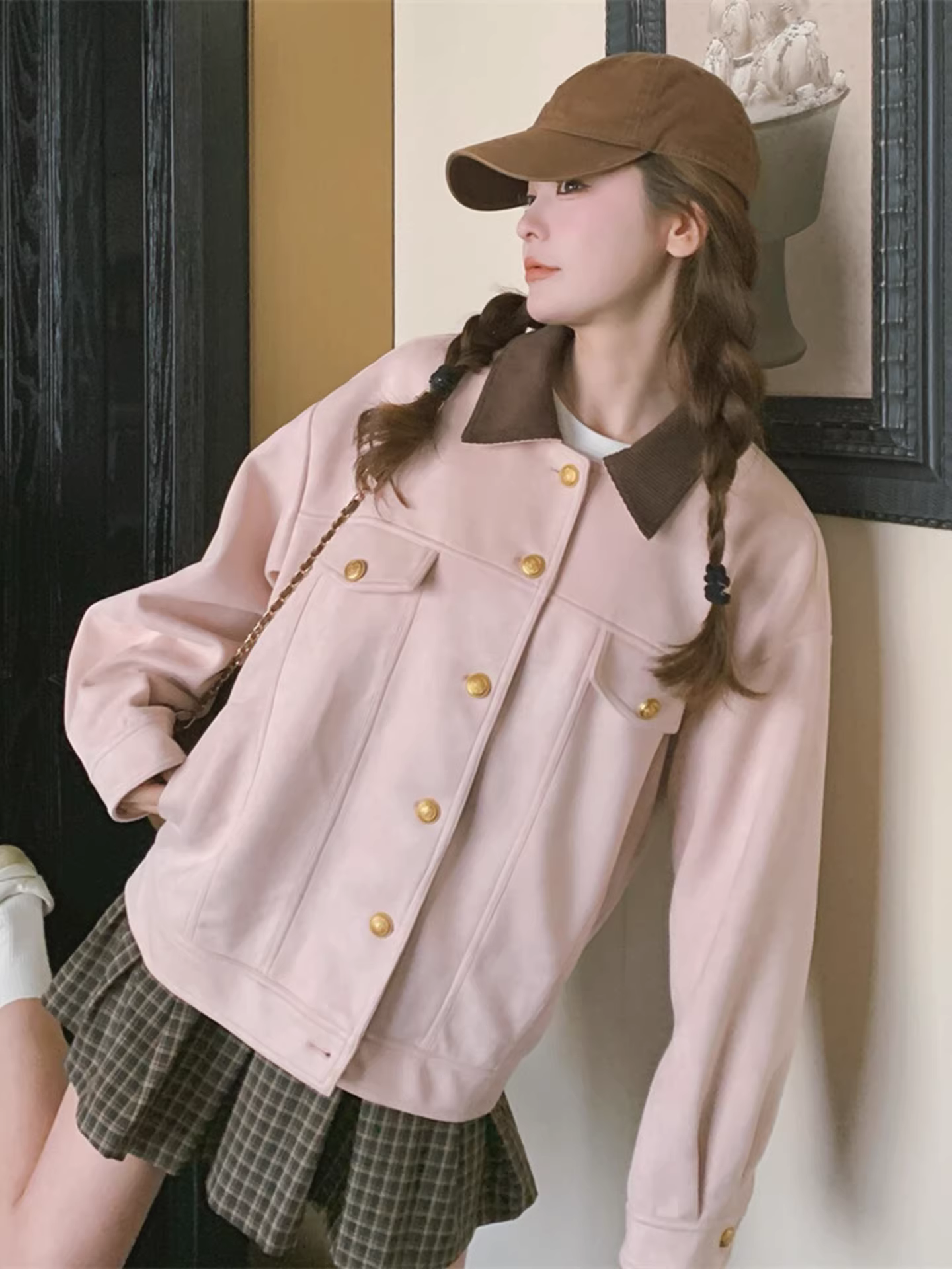 Áo khoác da lộn màu hồng La Chapelle dành cho nữ, kiểu mới thu đông 2025, áo khoác dáng rộng, size nhỏ