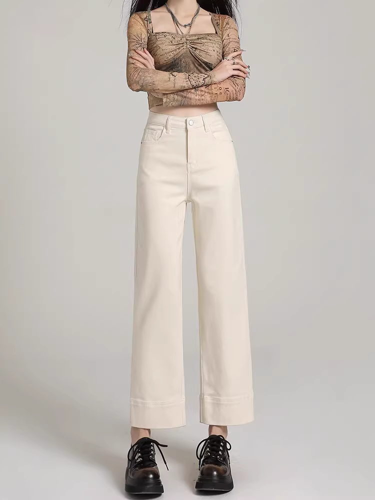 Quần jeans trắng La Chapelle ống rộng, cạp cao, dáng ôm, kiểu dáng thẳng, dành cho nữ, mẫu mới thu đông 2025