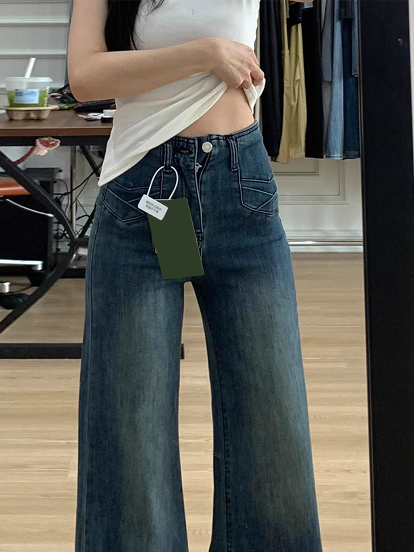 Quần jeans ống loe lót lông cừu La Chapelle dành cho nữ, thu đông 2025, kiểu dáng mới, cạp cao, tôn dáng, không bó sát.